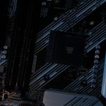 A close-up view of a computer motherboard.