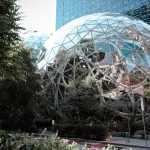 Modern glass spheres building with lush green trees