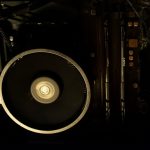 The inside of a computer with a fan.