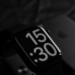 a black and white photo of an apple watch