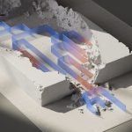 a cut in half picture of a building with blue and red arrows