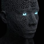 a man with blue eyes and a black background