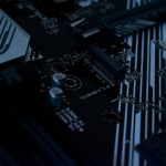 A close-up shot of a computer motherboard.