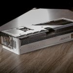 A computer graphics card sits on a table.
