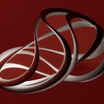 A red and white logo with a spiral design