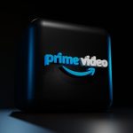a blue logo on a black background