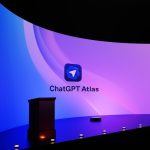 Chatgpt atlas logo displayed on a large curved screen