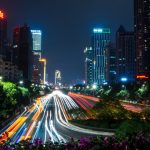 lighted cityscape in timelapse photo