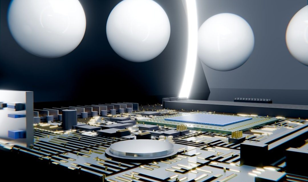 Futuristic circuit board with floating white spheres and glowing arc.