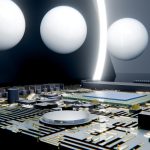 Futuristic circuit board with floating white spheres and glowing arc.