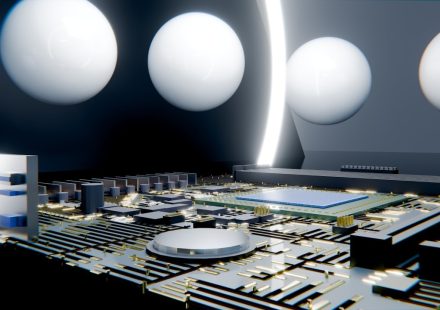 Futuristic circuit board with floating white spheres and glowing arc.