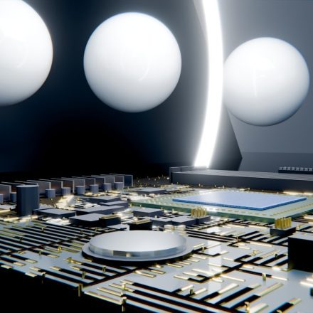 Futuristic circuit board with floating white spheres and glowing arc.