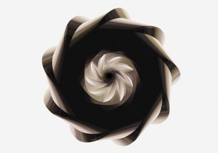 A spiraling dark form against a white background.