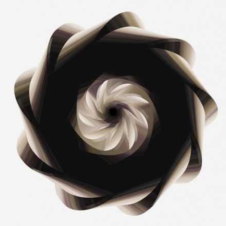 A spiraling dark form against a white background.