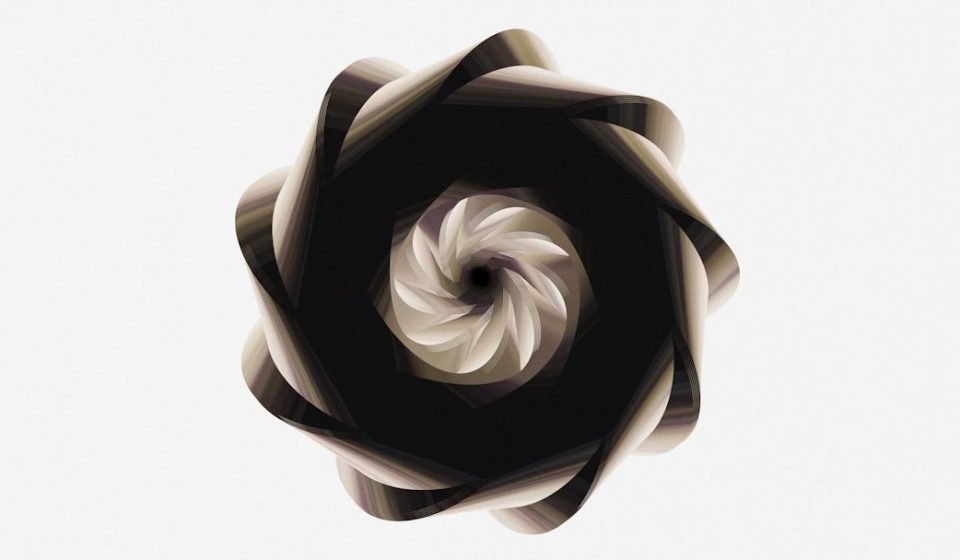 A spiraling dark form against a white background.