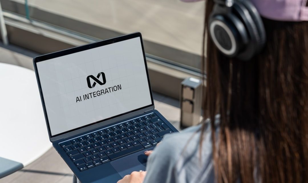 Person using laptop with ai integration logo displayed.