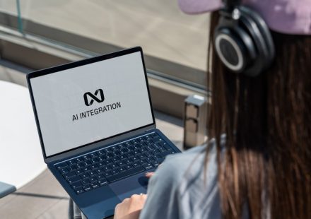 Person using laptop with ai integration logo displayed.