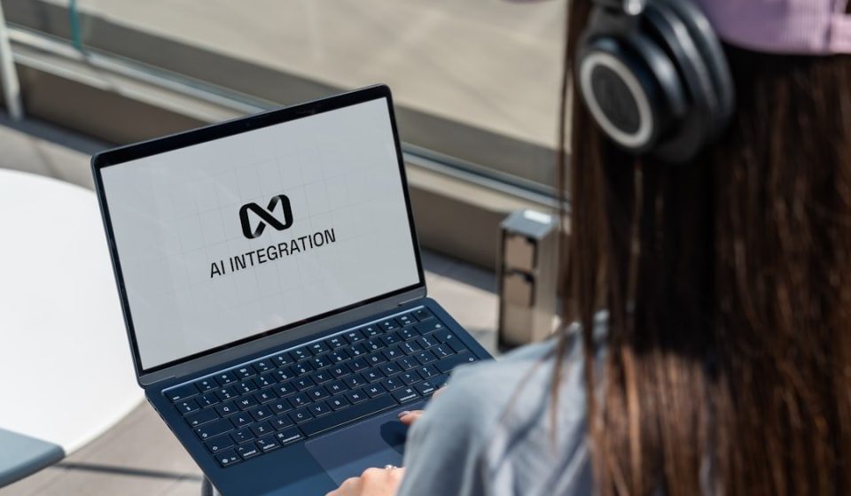 Person using laptop with ai integration logo displayed.