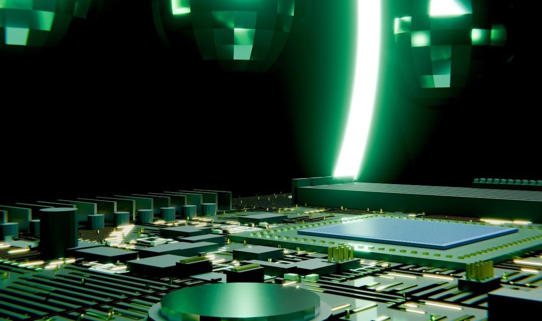 Futuristic circuit board with glowing green light and reflections.
