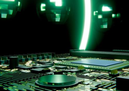 Futuristic circuit board with glowing green light and reflections.