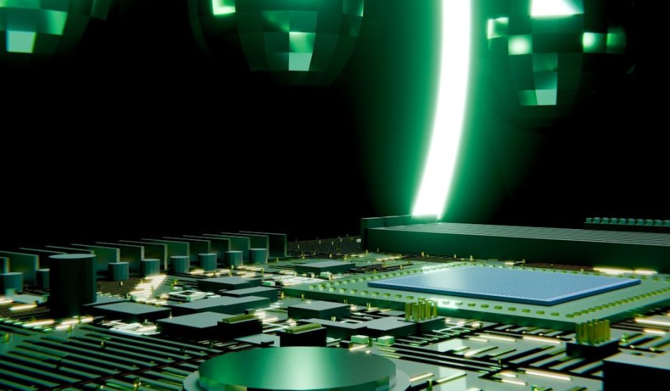 Futuristic circuit board with glowing green light and reflections.