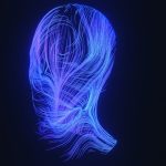 Abstract blue and purple light streaks forming a head shape