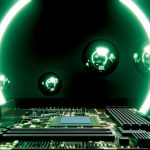 A circuit board with glowing green rings and reflective spheres.