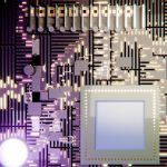 A glowing circuit board with a central processing unit.