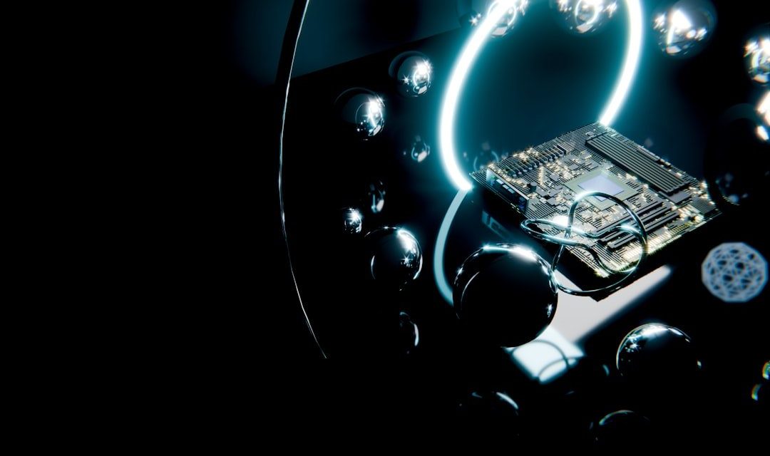 Circuit board with glowing ring and reflective spheres.