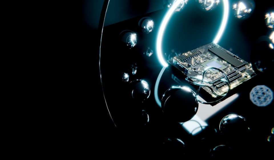 Circuit board with glowing ring and reflective spheres.