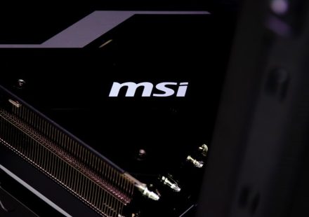A close up of the msi logo on the side of a motherboard