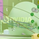Abstract digital scene with nvidia logo and geometric shapes.