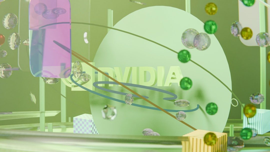 Abstract digital scene with nvidia logo and geometric shapes.