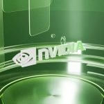 Nvidia logo in a green, futuristic, abstract setting.