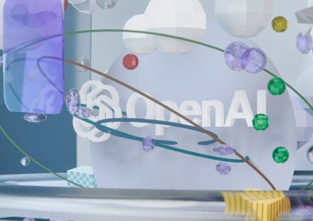 Openai logo surrounded by abstract digital network elements.