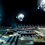 Abstract circuit board with glowing elements and reflective spheres.