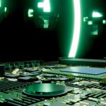 Futuristic circuit board with glowing green light and reflections.