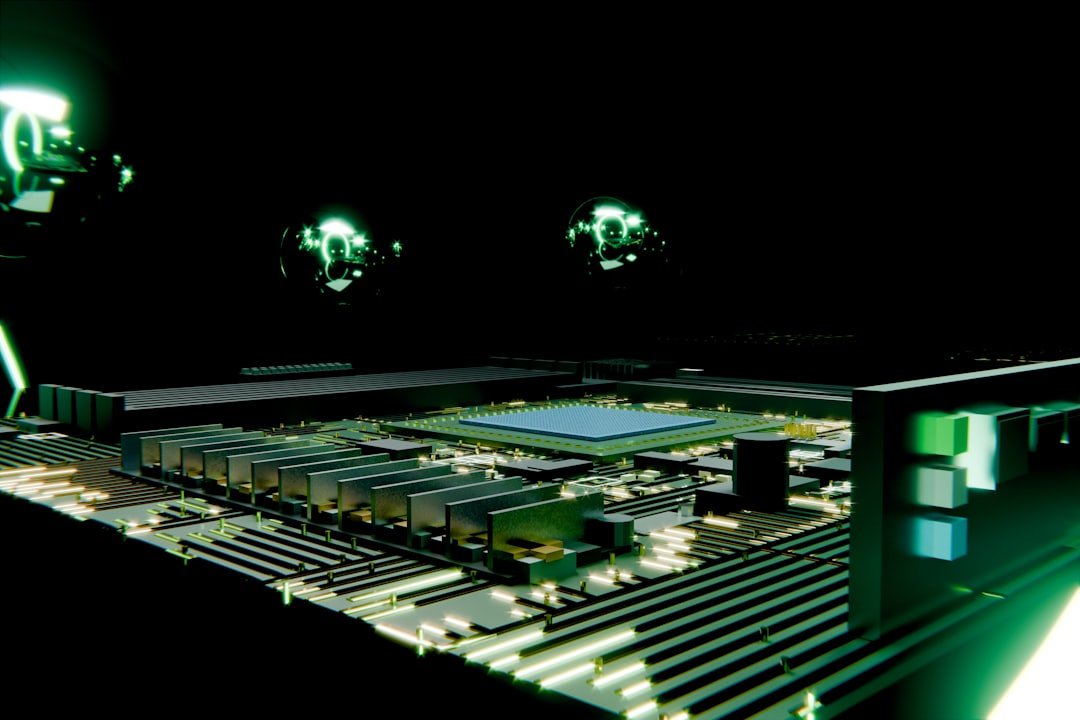 A glowing green circuit board with a central processor.