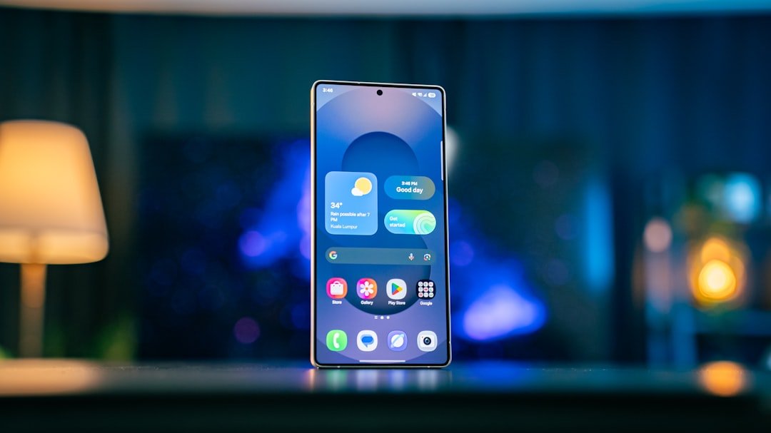 A cell phone sitting on top of a table next to a lamp