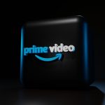 a blue logo on a black background
