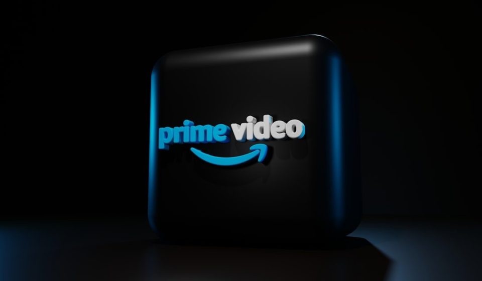 a blue logo on a black background