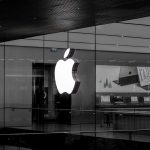 grayscale photo of Apple emblem