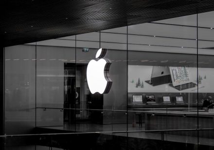 grayscale photo of Apple emblem