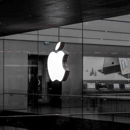grayscale photo of Apple emblem