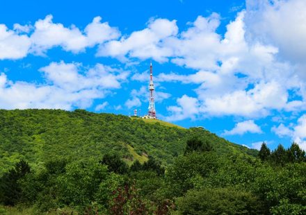 A tall tower stands on a green, tree-covered hill