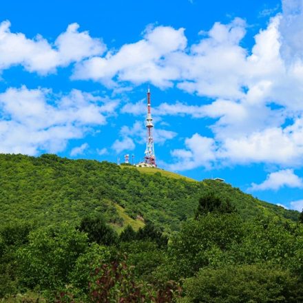 A tall tower stands on a green, tree-covered hill