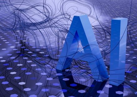 3D rendered ai text on dark digital background