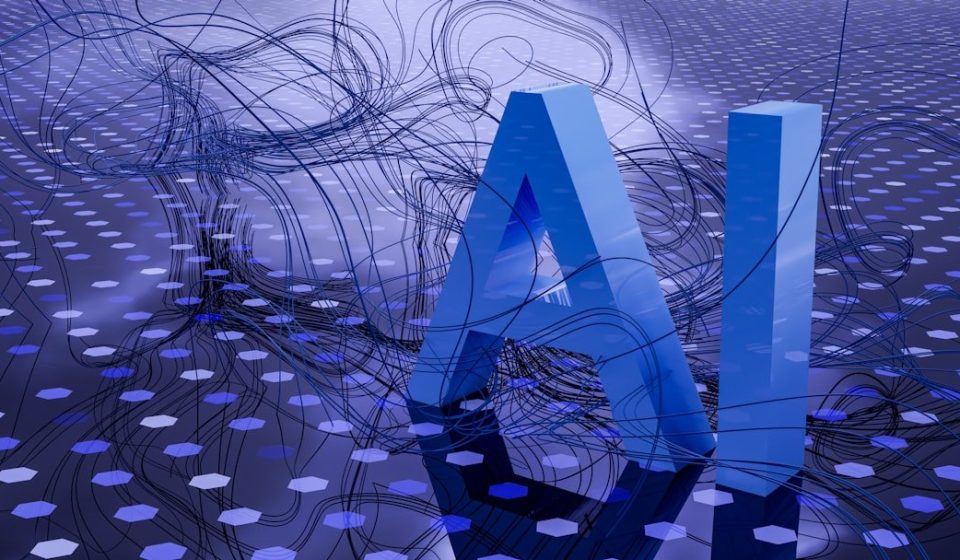 3D rendered ai text on dark digital background