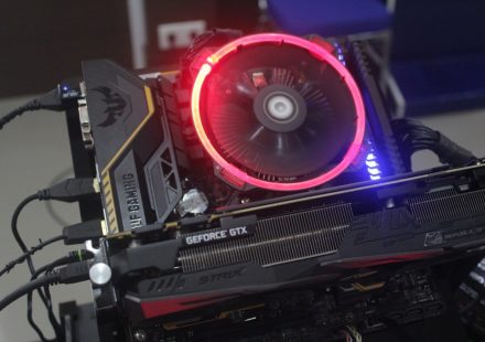 lighted black and gray graphics card
