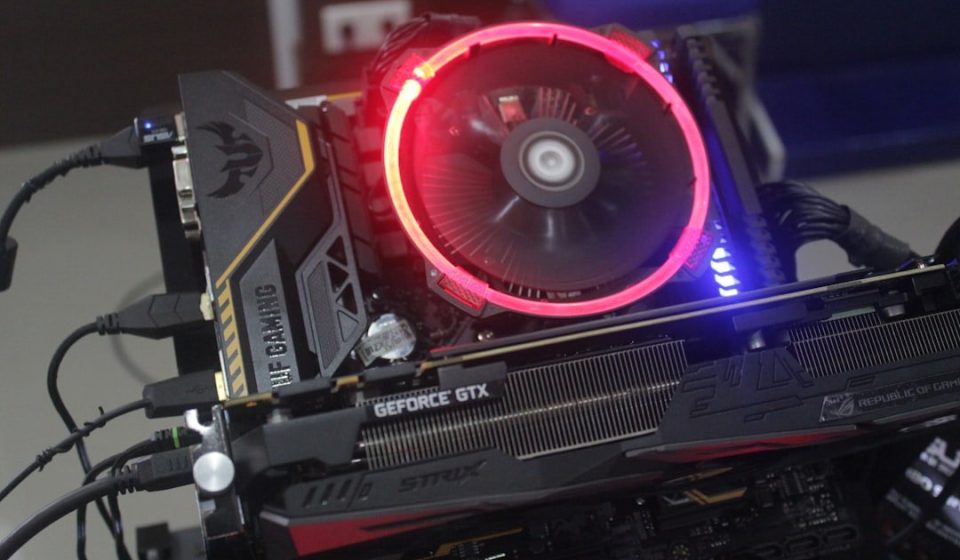 lighted black and gray graphics card